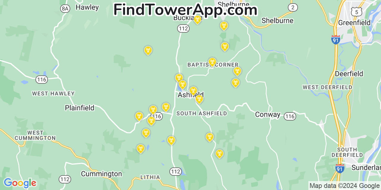 AT&T 4G/5G cell tower coverage map Ashfield, Massachusetts
