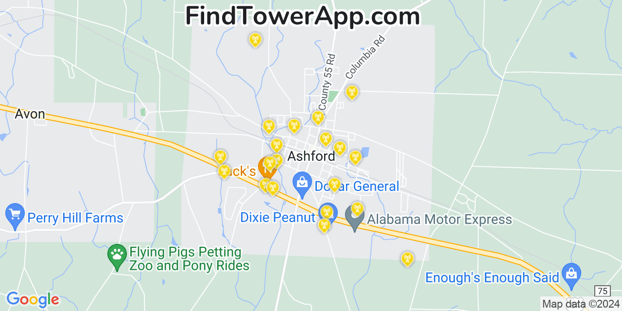 Verizon 4G/5G cell tower coverage map Ashford, Alabama