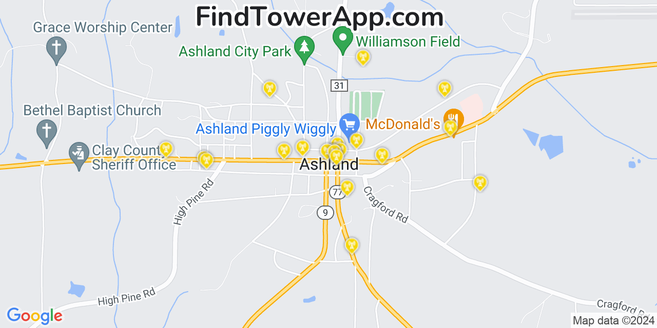 AT&T 4G/5G cell tower coverage map Ashland, Alabama