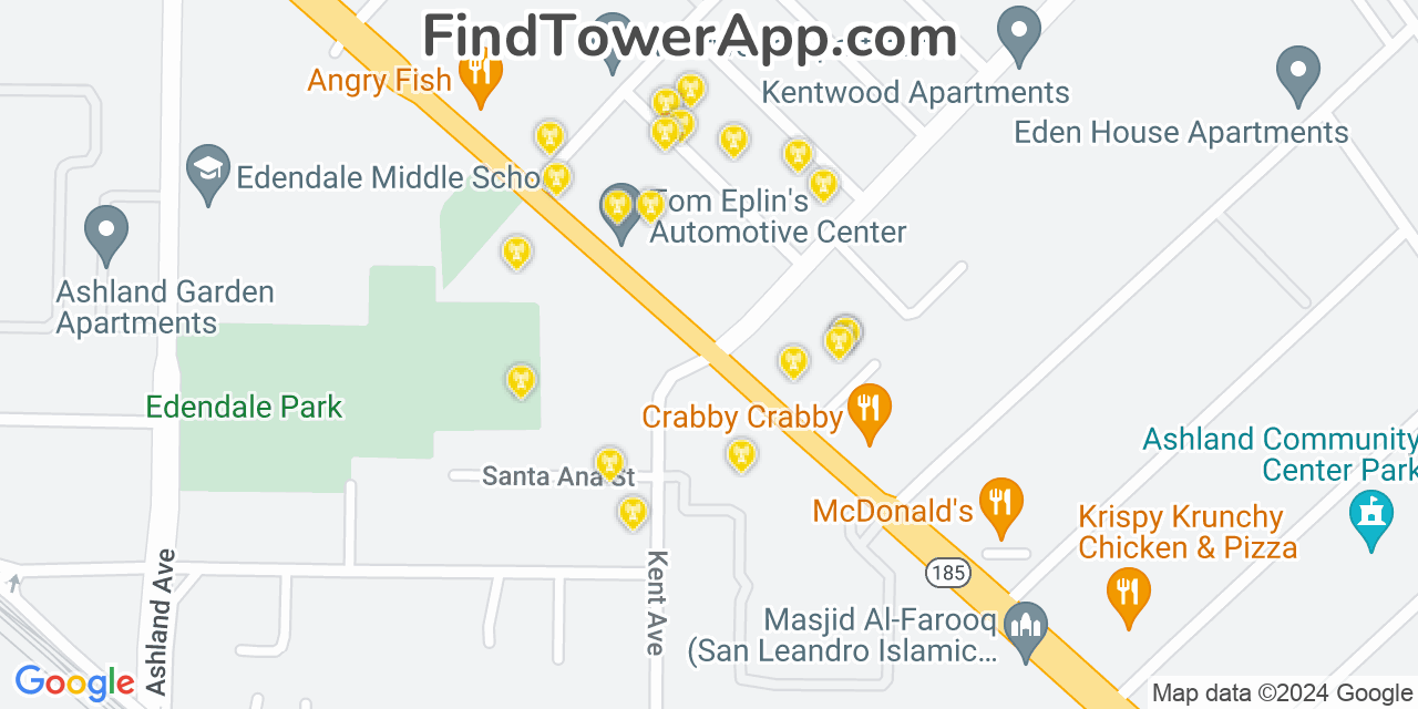 AT&T 4G/5G cell tower coverage map Ashland, California