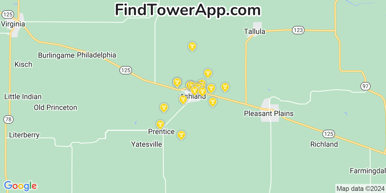 AT&T 4G/5G cell tower coverage map Ashland, Illinois