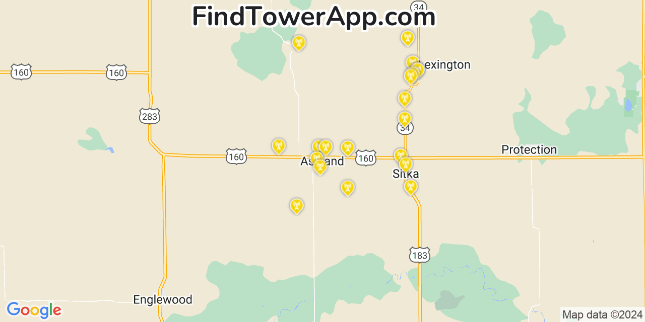 AT&T 4G/5G cell tower coverage map Ashland, Kansas