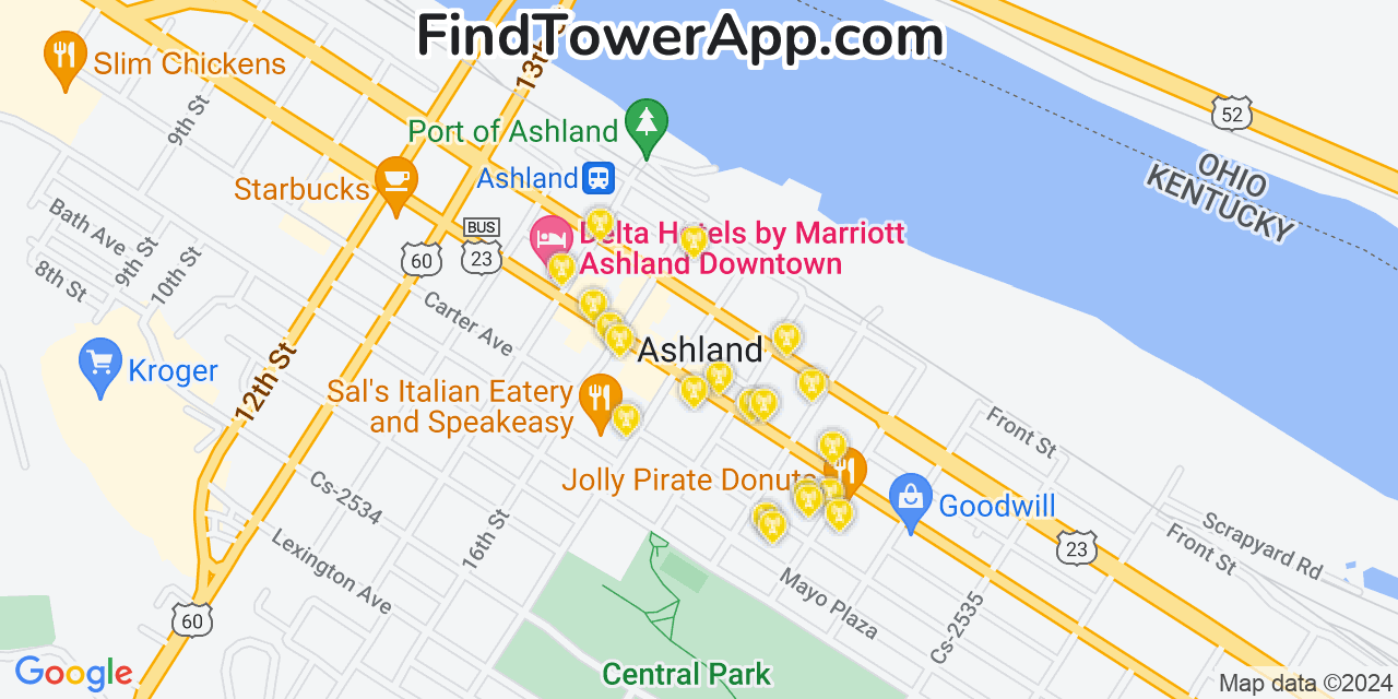 AT&T 4G/5G cell tower coverage map Ashland, Kentucky