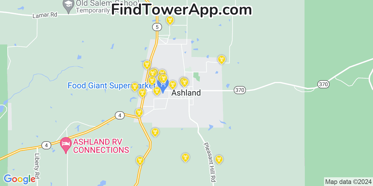 AT&T 4G/5G cell tower coverage map Ashland, Mississippi