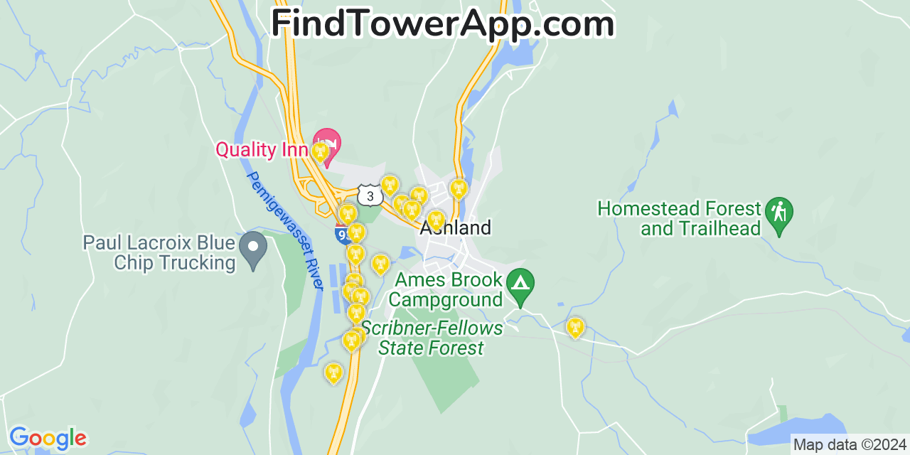 AT&T 4G/5G cell tower coverage map Ashland, New Hampshire