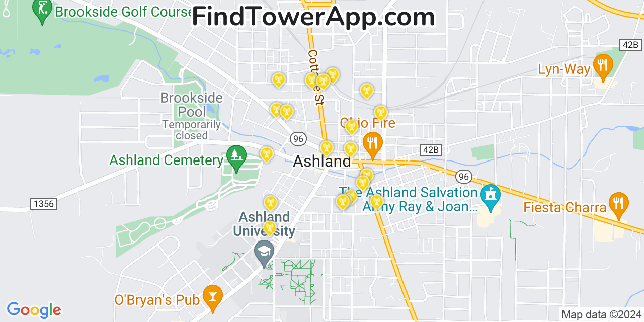 AT&T 4G/5G cell tower coverage map Ashland, Ohio