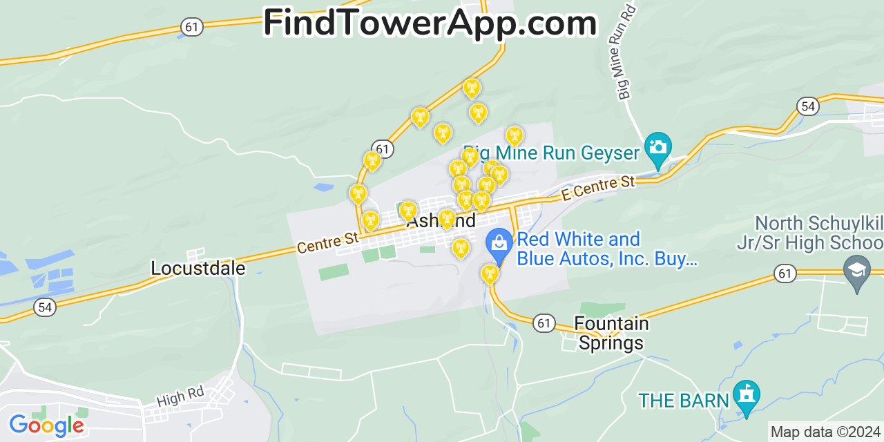 AT&T 4G/5G cell tower coverage map Ashland, Pennsylvania