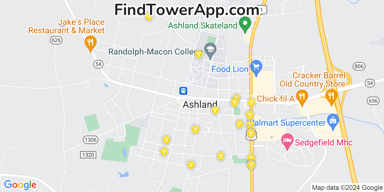 AT&T 4G/5G cell tower coverage map Ashland, Virginia