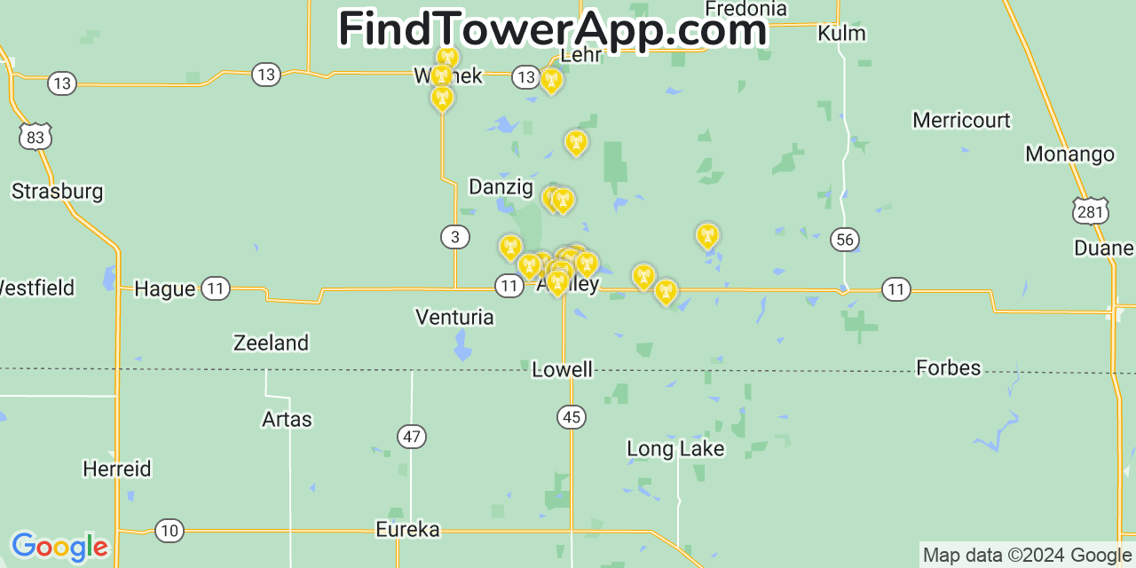 Verizon 4G/5G cell tower coverage map Ashley, North Dakota