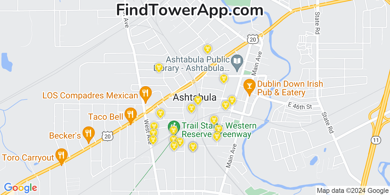AT&T 4G/5G cell tower coverage map Ashtabula, Ohio