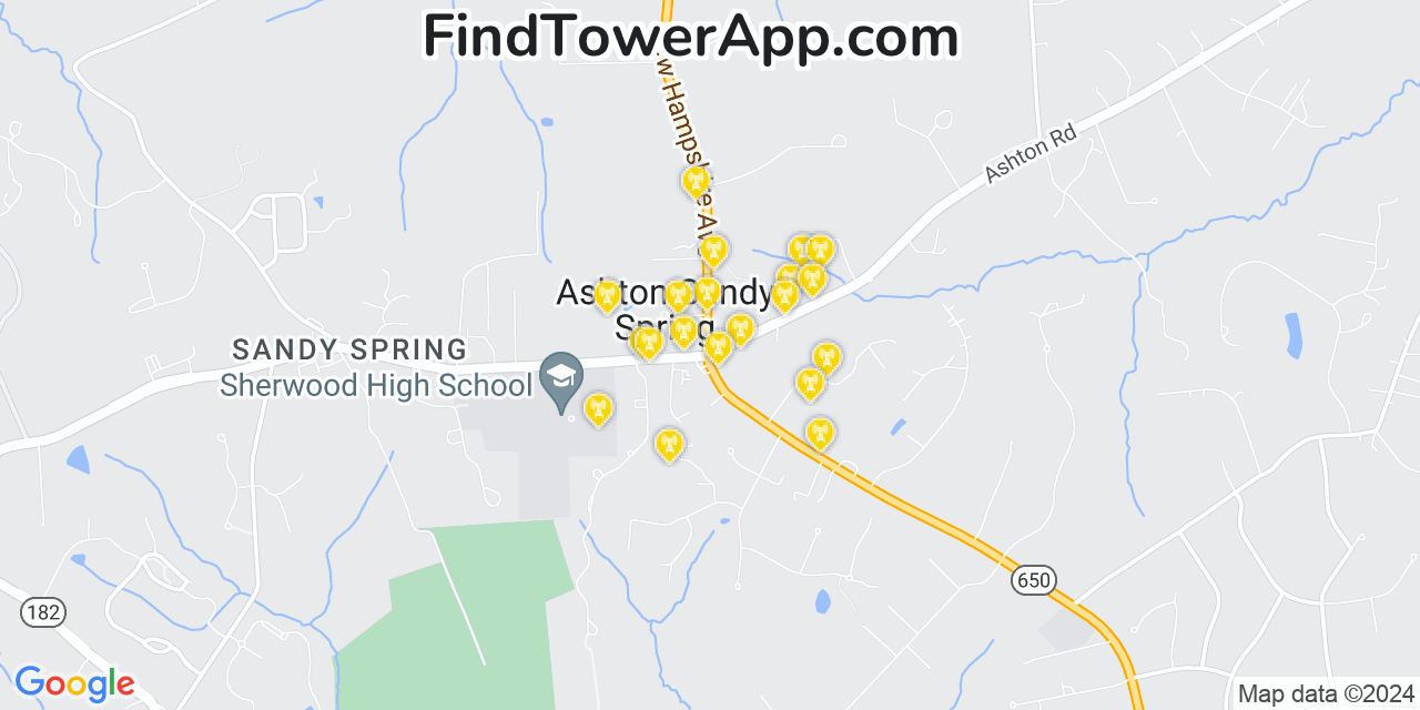Verizon 4G/5G cell tower coverage map Ashton Sandy Spring, Maryland
