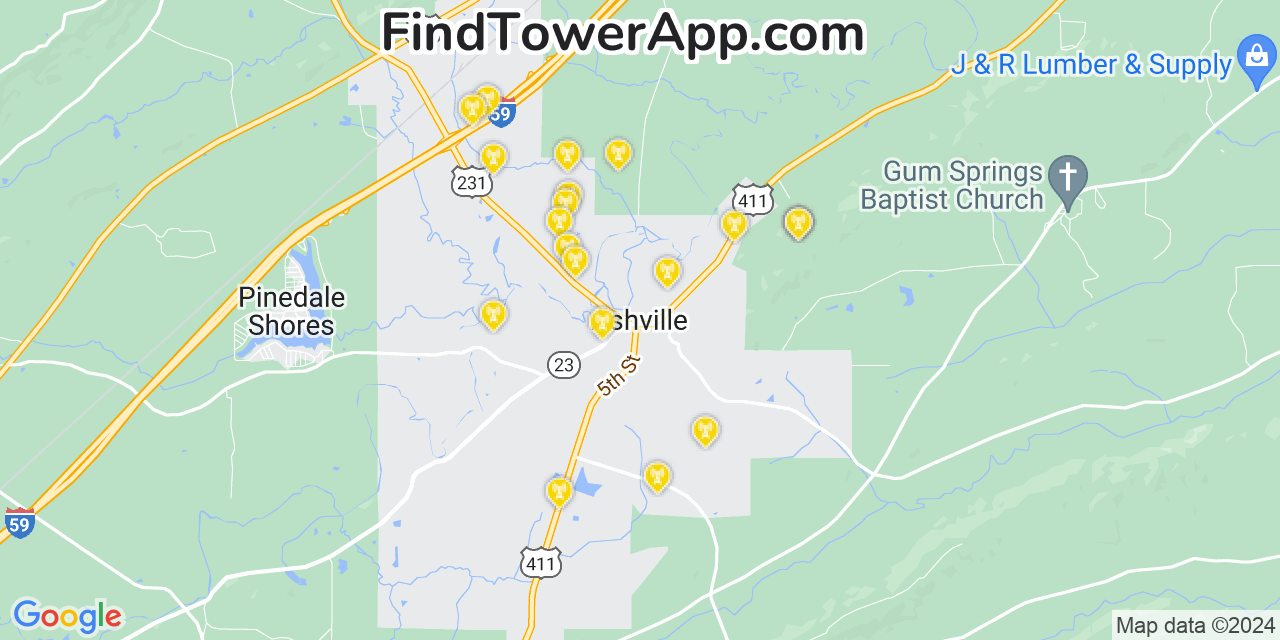 Verizon 4G/5G cell tower coverage map Ashville, Alabama