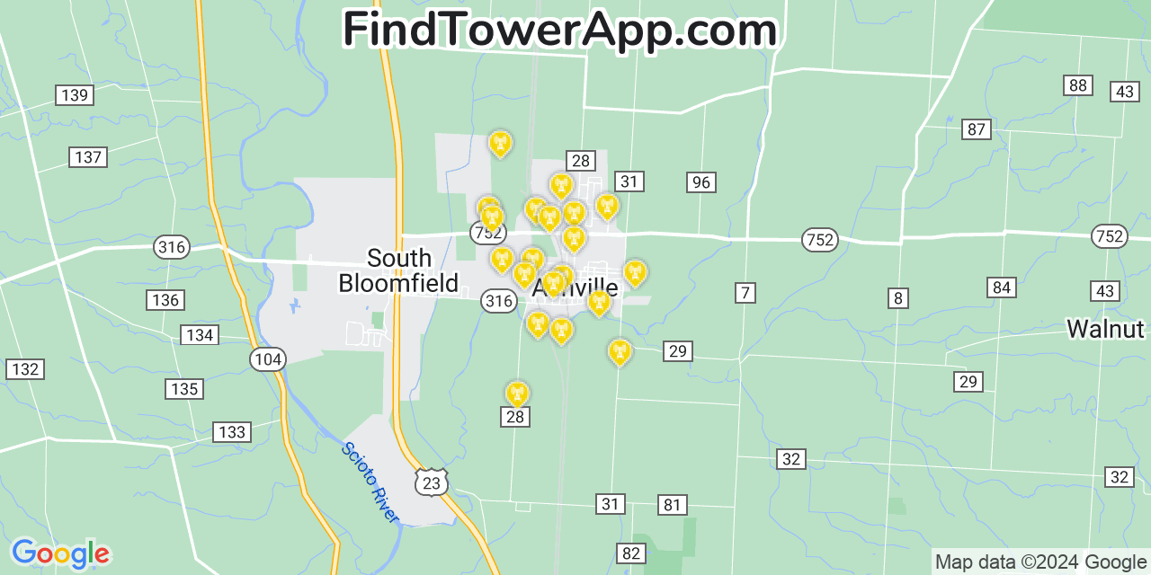 Verizon 4G/5G cell tower coverage map Ashville, Ohio
