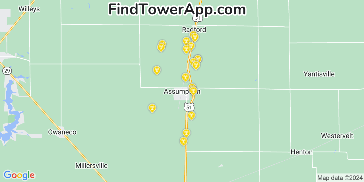 AT&T 4G/5G cell tower coverage map Assumption, Illinois