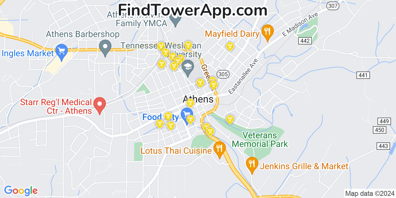 AT&T 4G/5G cell tower coverage map Athens, Tennessee
