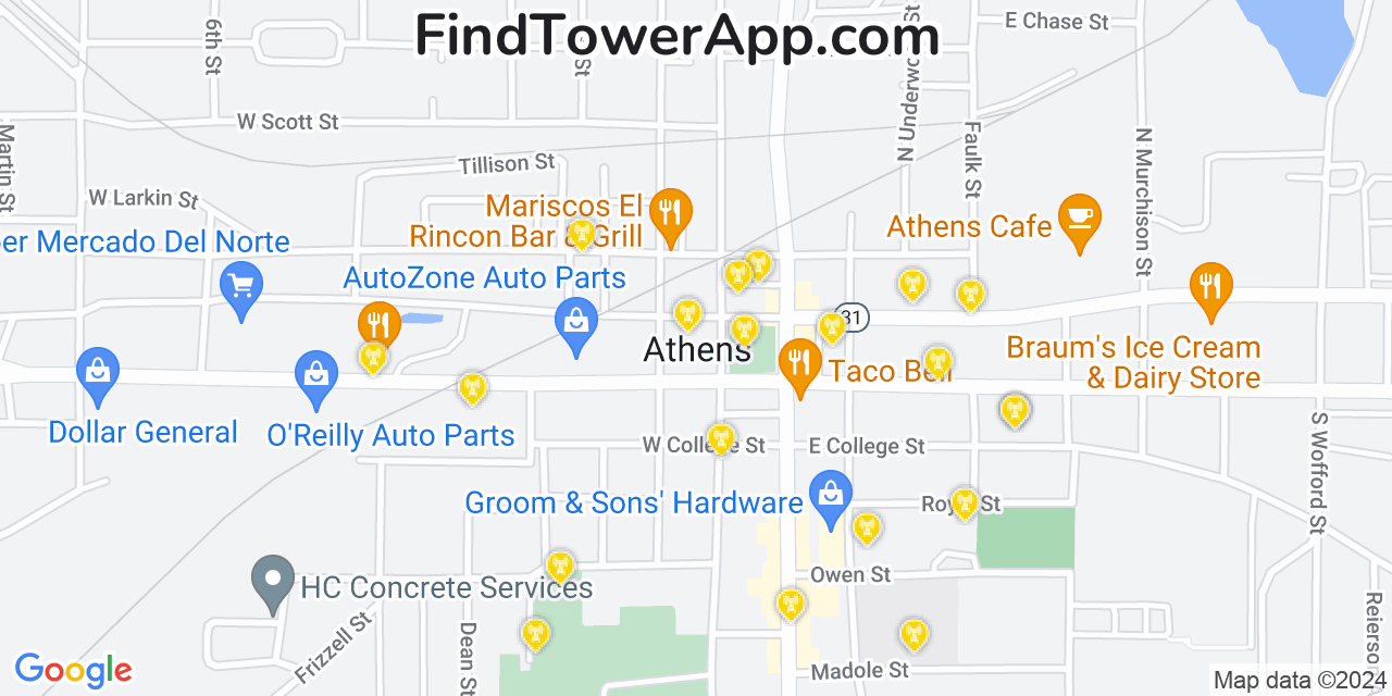 AT&T 4G/5G cell tower coverage map Athens, Texas