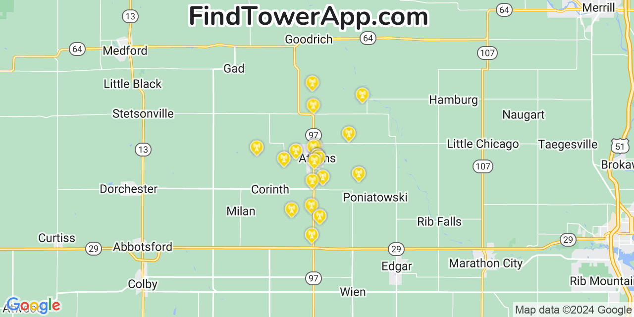 AT&T 4G/5G cell tower coverage map Athens, Wisconsin