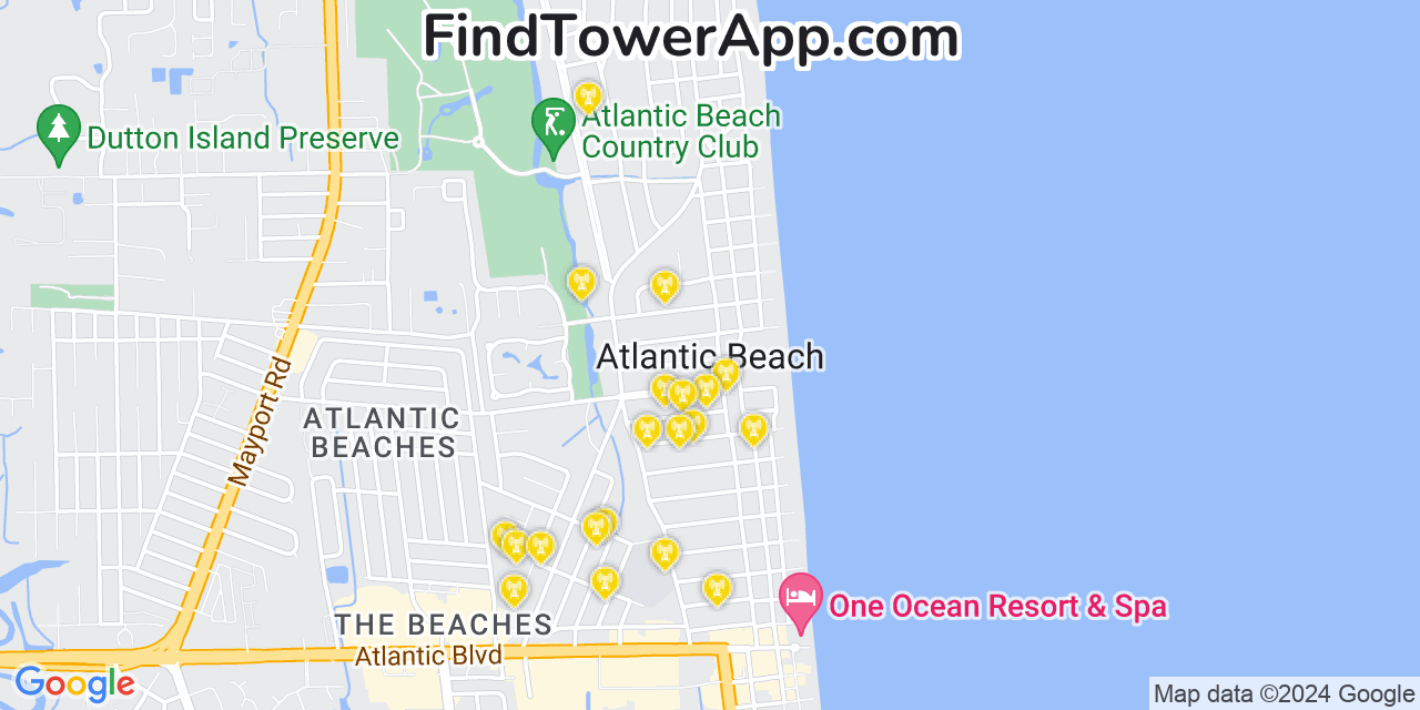 AT&T 4G/5G cell tower coverage map Atlantic Beach, Florida