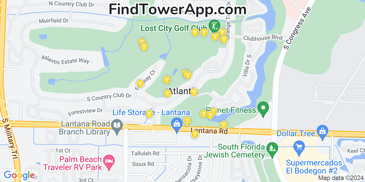 AT&T 4G/5G cell tower coverage map Atlantis, Florida