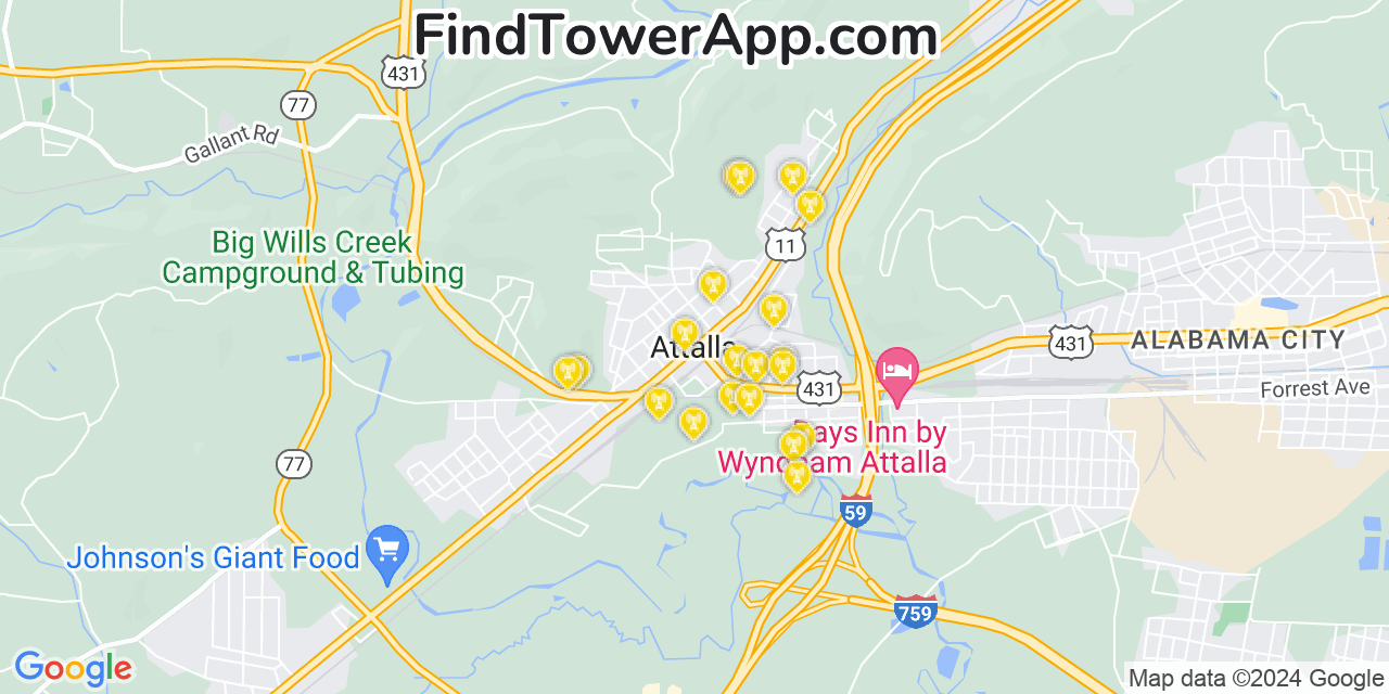 AT&T 4G/5G cell tower coverage map Attalla, Alabama