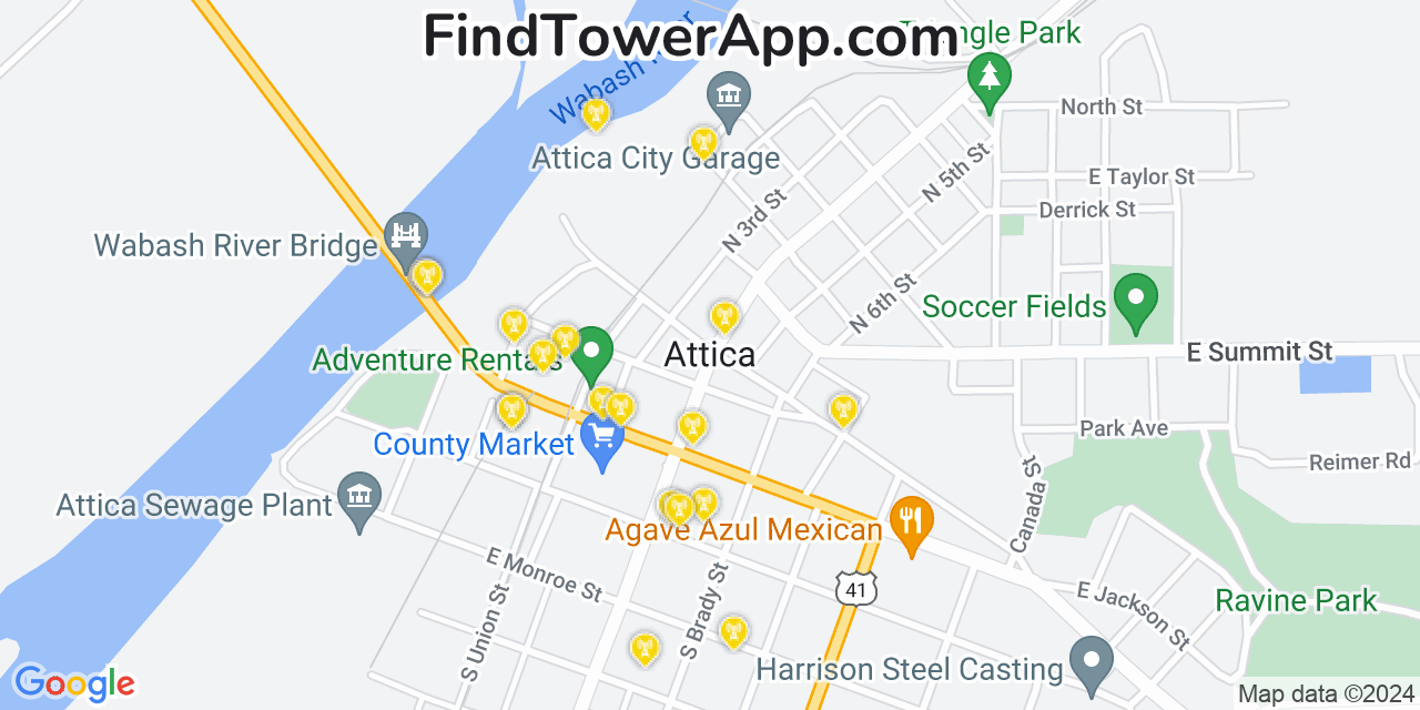 AT&T 4G/5G cell tower coverage map Attica, Indiana
