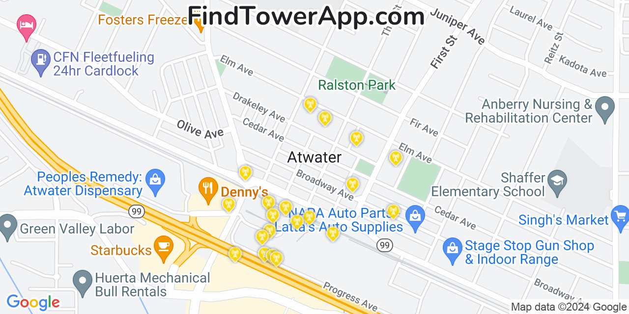 AT&T 4G/5G cell tower coverage map Atwater, California