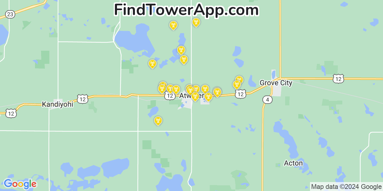 AT&T 4G/5G cell tower coverage map Atwater, Minnesota