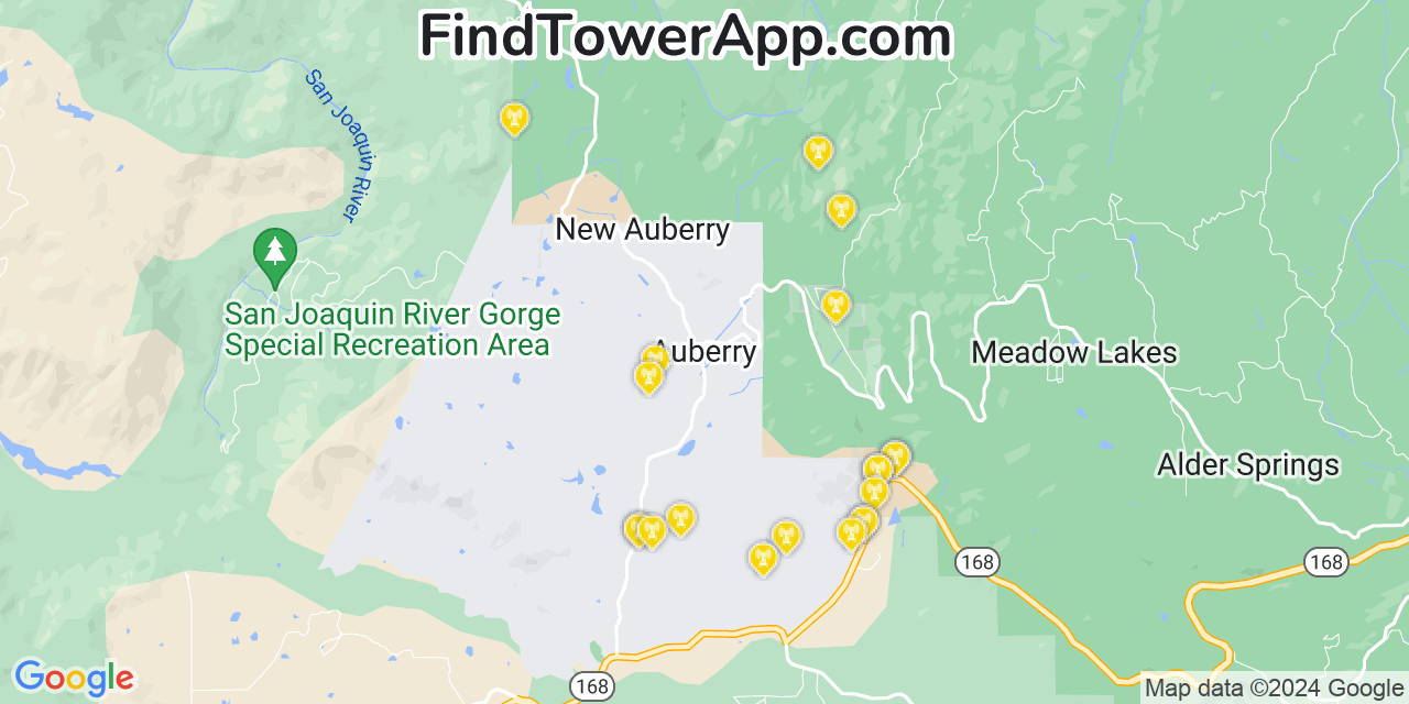 AT&T 4G/5G cell tower coverage map Auberry, California