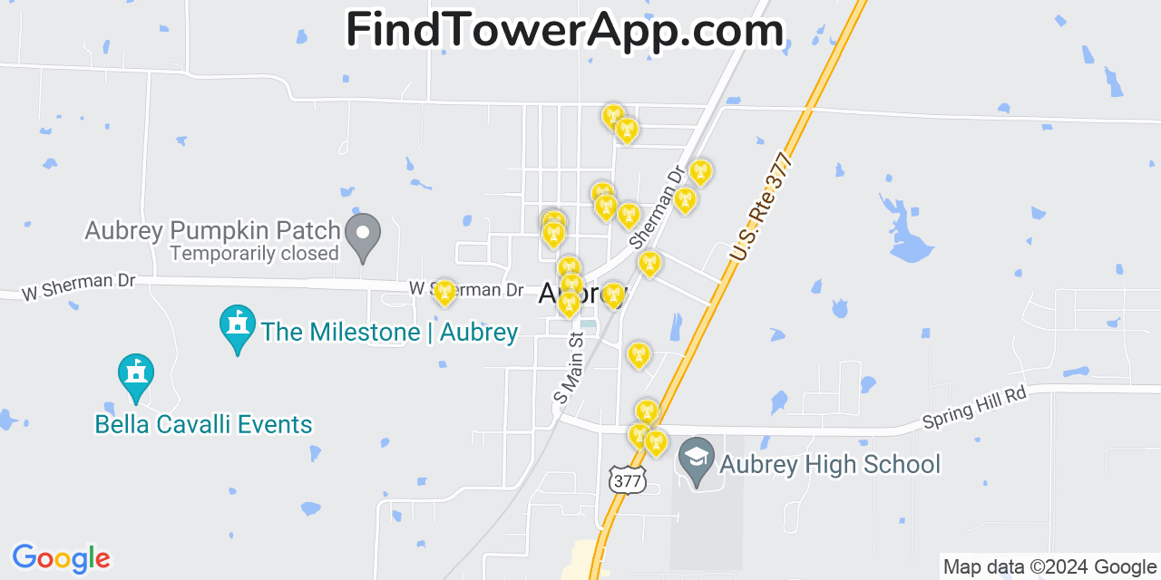 AT&T 4G/5G cell tower coverage map Aubrey, Texas