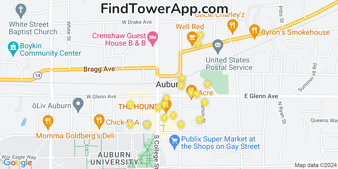 AT&T 4G/5G cell tower coverage map Auburn, Alabama