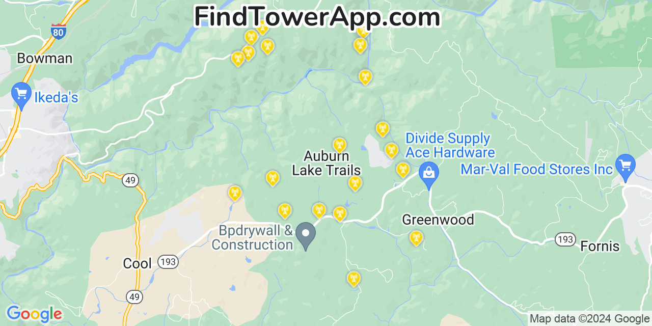 Verizon 4G/5G cell tower coverage map Auburn Lake Trails, California