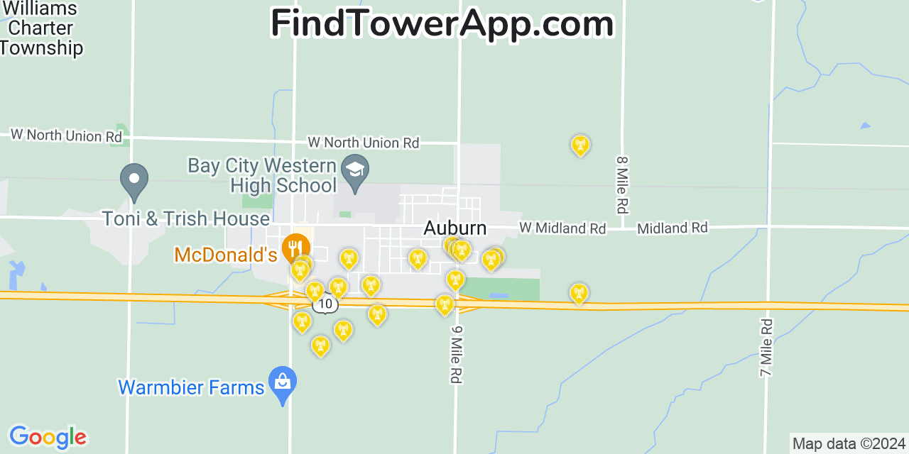 AT&T 4G/5G cell tower coverage map Auburn, Michigan