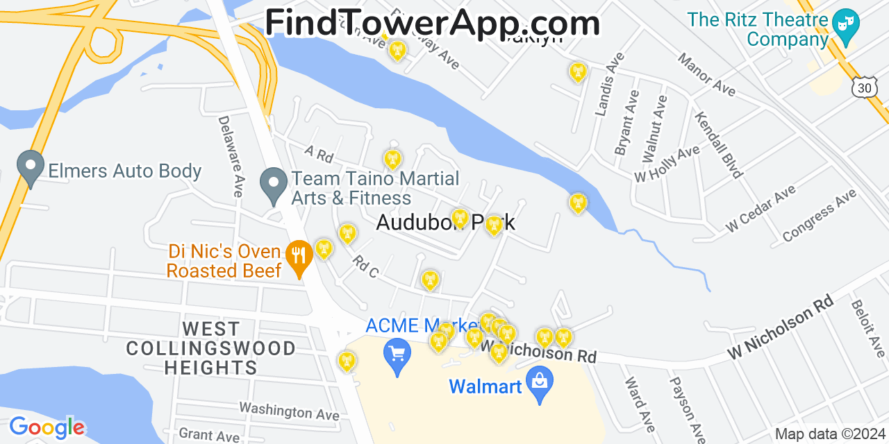 AT&T 4G/5G cell tower coverage map Audubon Park, New Jersey