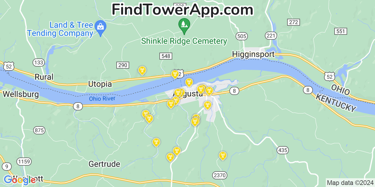 AT&T 4G/5G cell tower coverage map Augusta, Kentucky