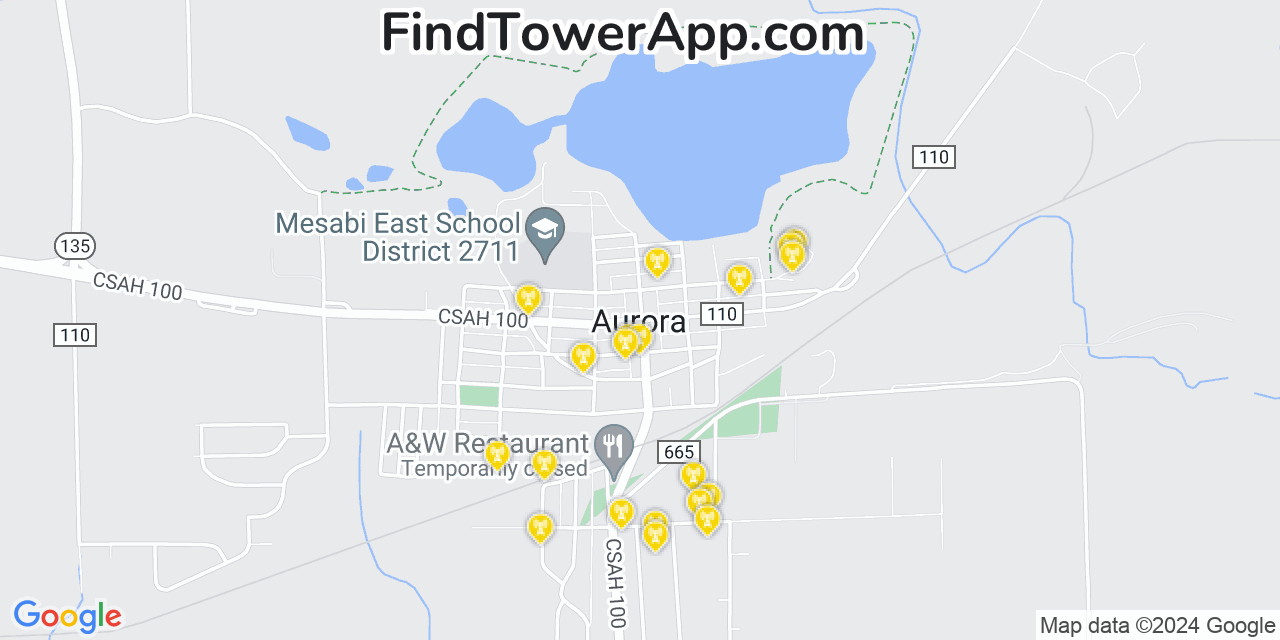 AT&T 4G/5G cell tower coverage map Aurora, Minnesota
