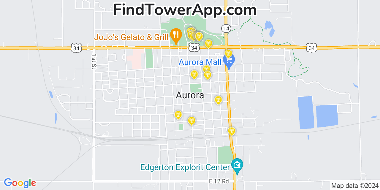 AT&T 4G/5G cell tower coverage map Aurora, Nebraska