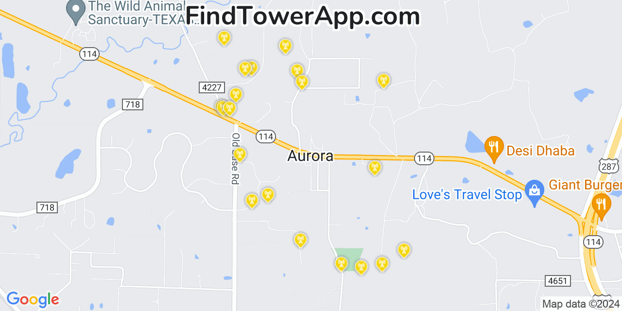 AT&T 4G/5G cell tower coverage map Aurora, Texas