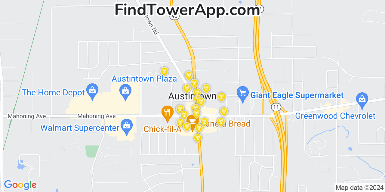 AT&T 4G/5G cell tower coverage map Austintown, Ohio