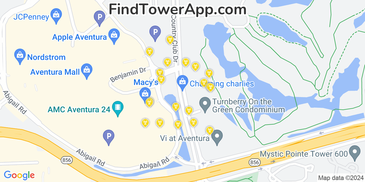AT&T 4G/5G cell tower coverage map Aventura, Florida