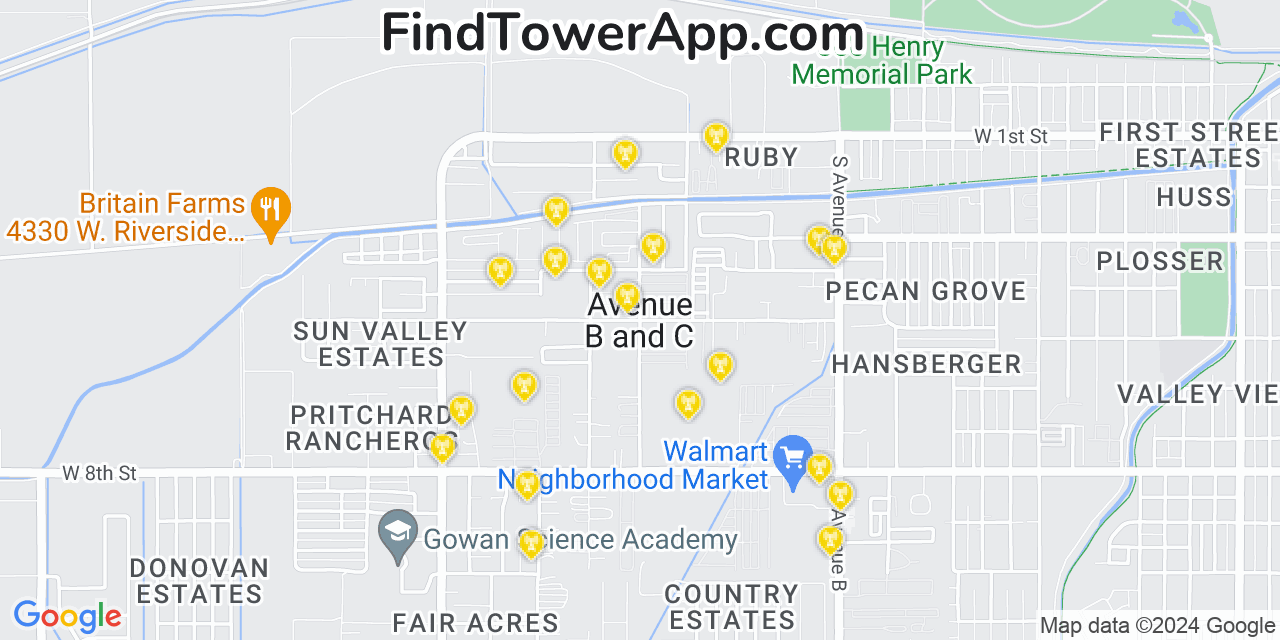 AT&T 4G/5G cell tower coverage map Avenue B and C, Arizona
