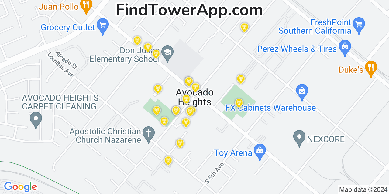 AT&T 4G/5G cell tower coverage map Avocado Heights, California