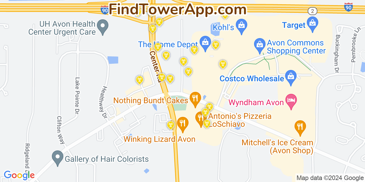 AT&T 4G/5G cell tower coverage map Avon Center, Ohio