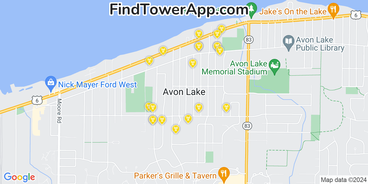 Verizon 4G/5G cell tower coverage map Avon Lake, Ohio