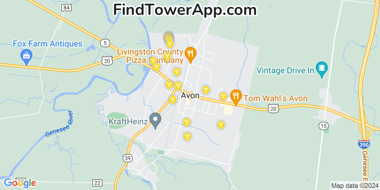 AT&T 4G/5G cell tower coverage map Avon, New York
