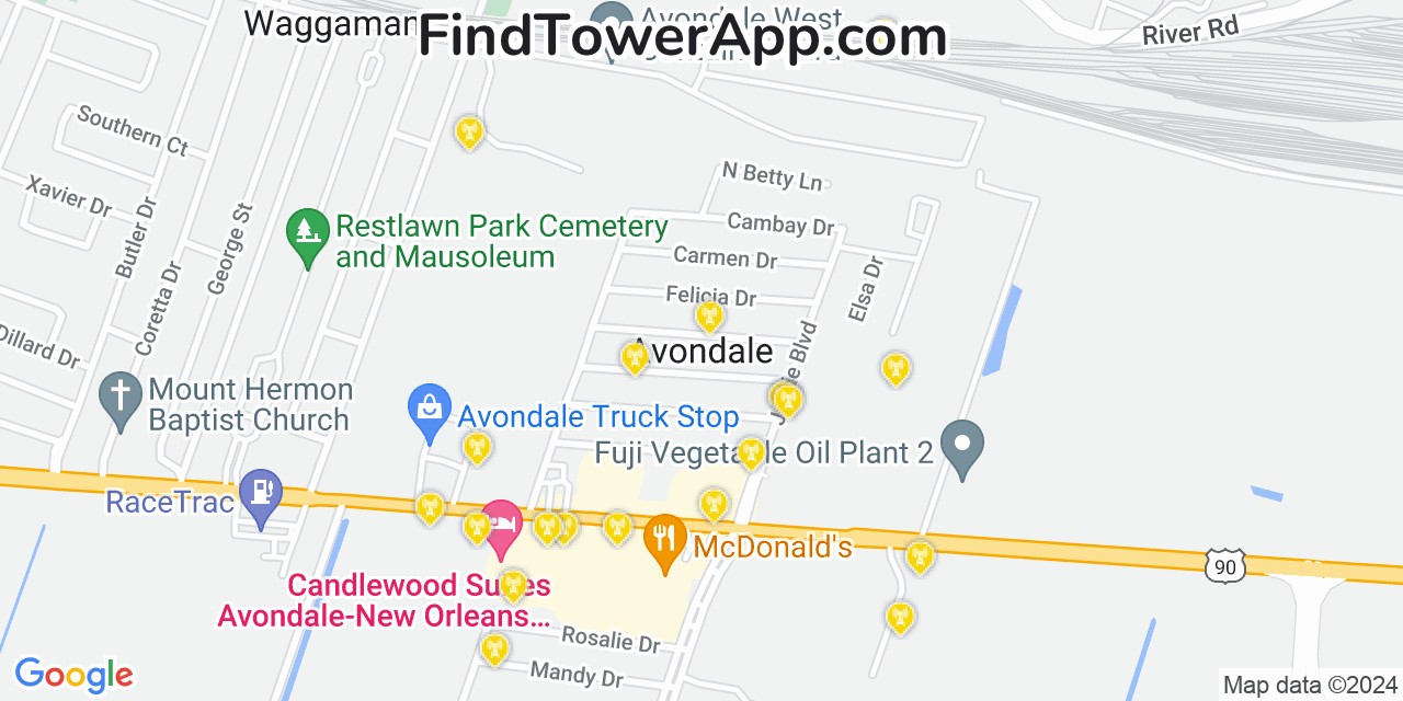 AT&T 4G/5G cell tower coverage map Avondale, Louisiana