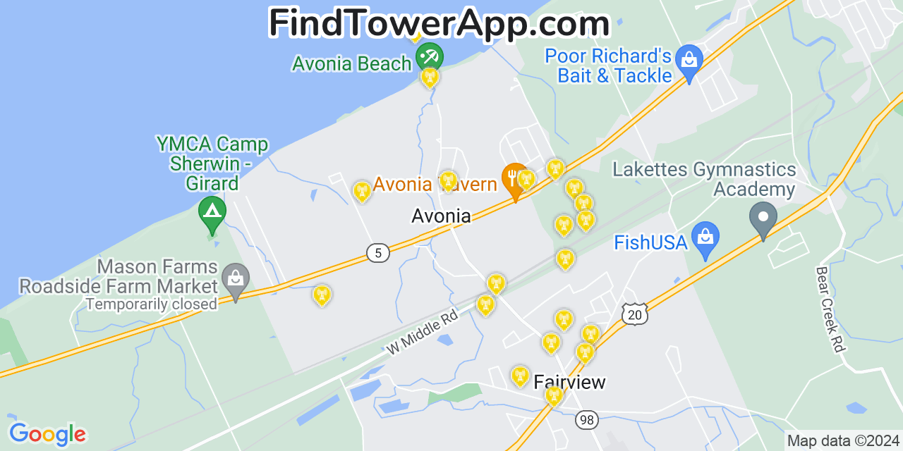 Verizon 4G/5G cell tower coverage map Avonia, Pennsylvania
