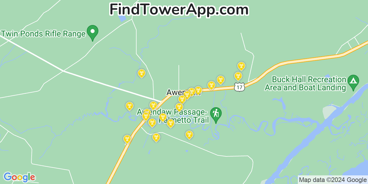 AT&T 4G/5G cell tower coverage map Awendaw, South Carolina