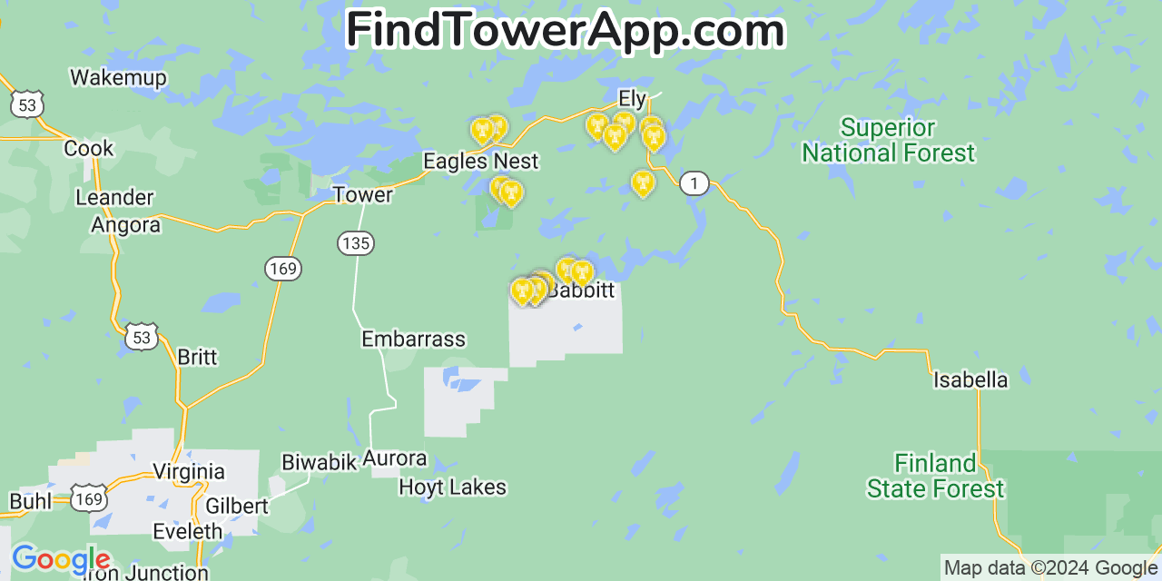 AT&T 4G/5G cell tower coverage map Babbitt, Minnesota