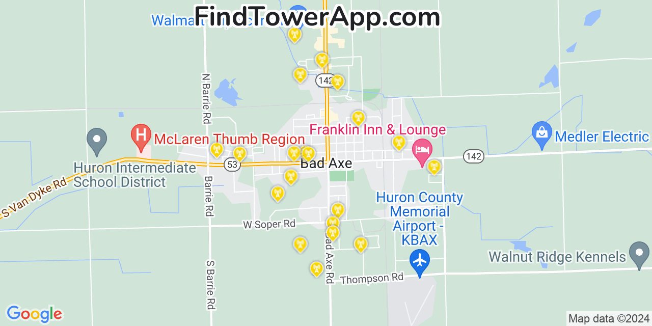 AT&T 4G/5G cell tower coverage map Bad Axe, Michigan