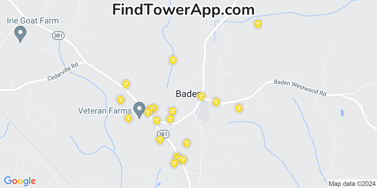 AT&T 4G/5G cell tower coverage map Baden, Maryland